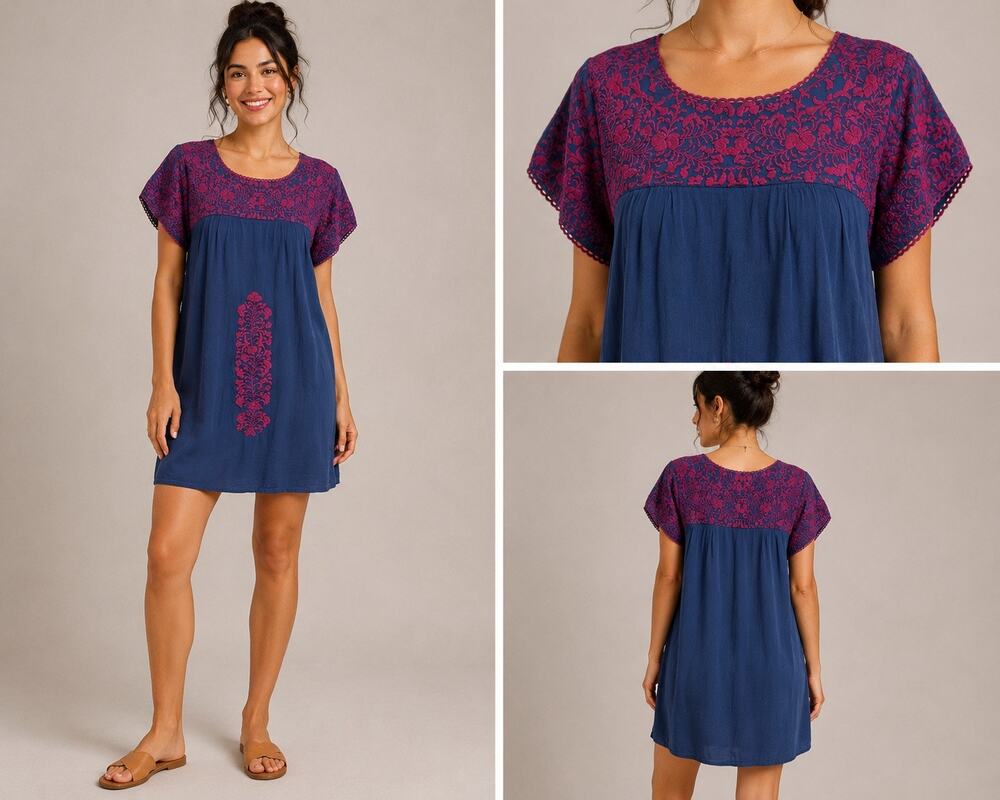BuddyLove Embroidered Shift Dress Women’s Small Blue Pink Boho Rayon Babydoll
